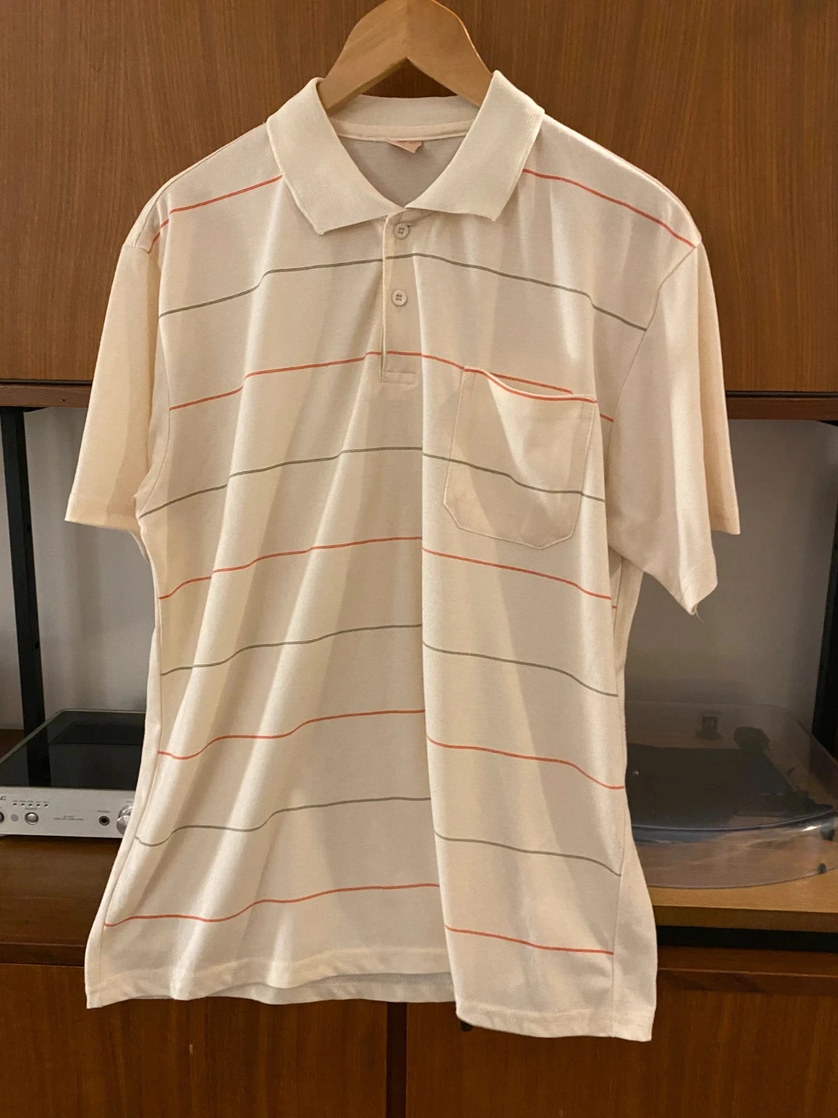 Polo blouse chemise vintage coton SW beige rayure orange unisexe homme XL leger oversize
